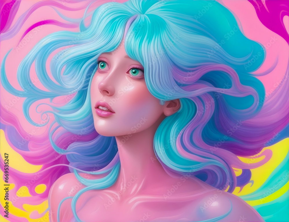 Young woman illustration with long curly hair fluttering on the wind Young woman illustration with long curly hair fluttering on the wind