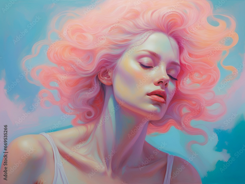 Young woman illustration with long curly hair fluttering on the wind Young woman illustration with long curly hair fluttering on the wind