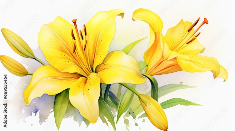 Obraz premium Yellow lily flower watercolor painting high resolution Ai generated art