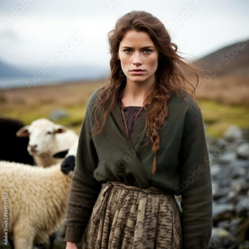 Highland Shepherdess Amidst Rugged Beauty.