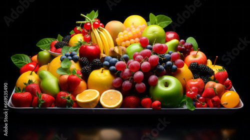 A tray filled with an array of colorful fruits, from fragrant strawberries to juicy oranges
