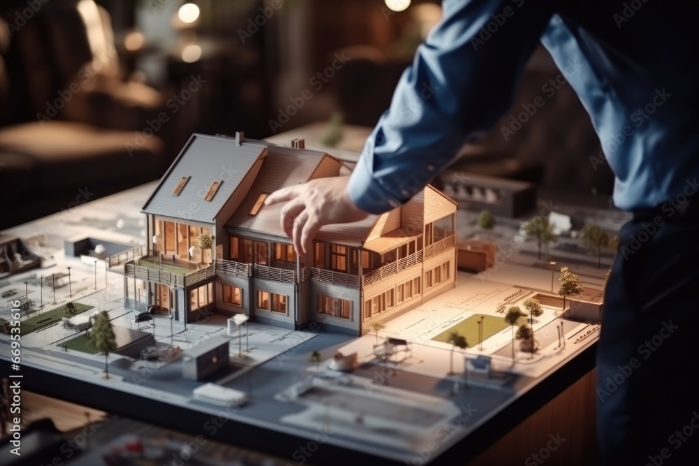 Agent working on house sale and preparing house model Agent working on house sale and preparing house model