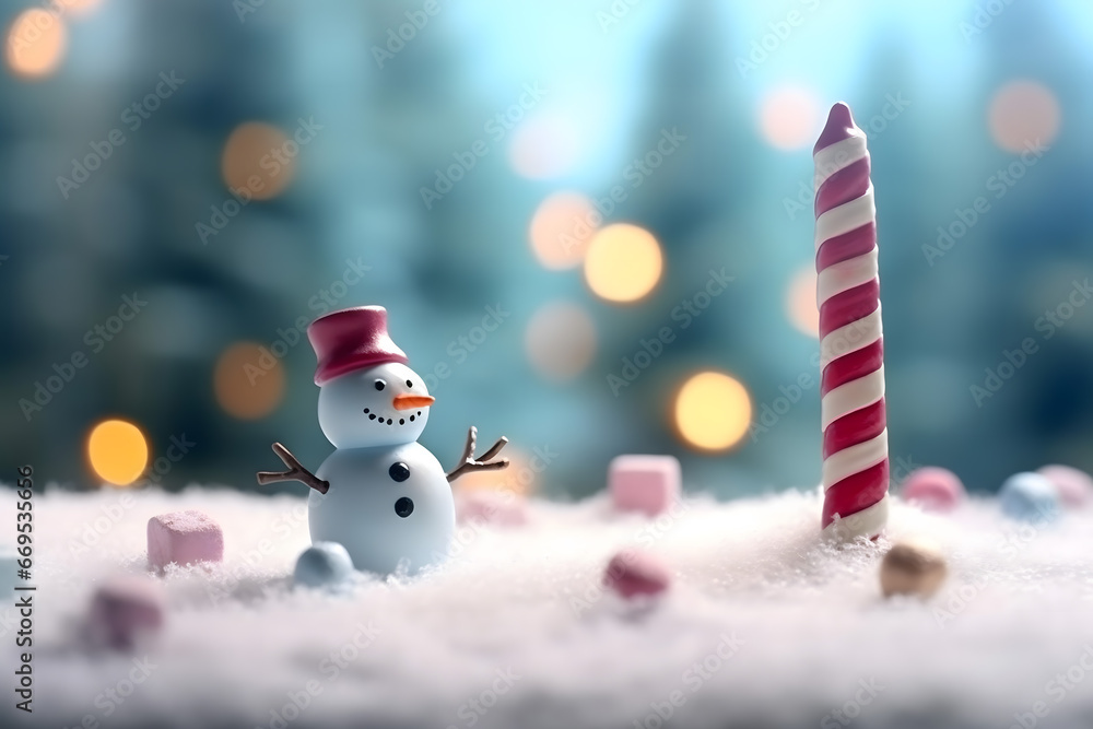 Fototapeta premium christmas tree decorations, santa claus with gifts, snowman in the snow, christmas gift boxes 