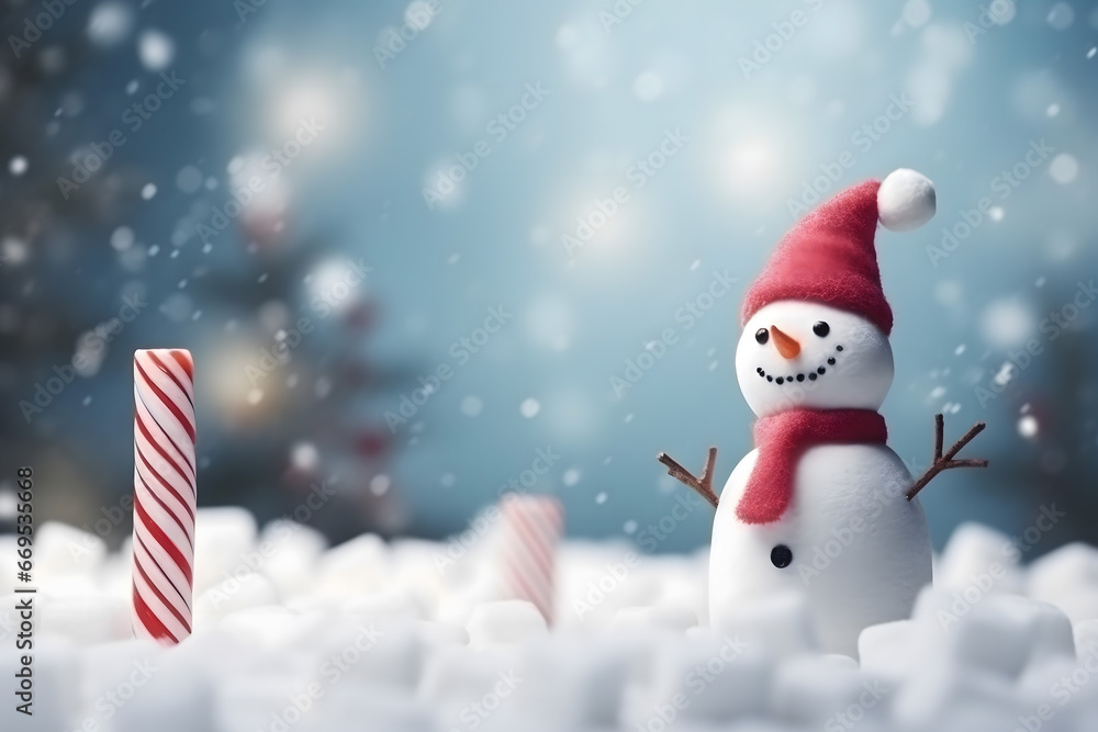 Fototapeta premium christmas tree decorations, santa claus with gifts, snowman in the snow, christmas gift boxes 