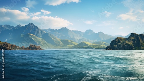 The sea against the backdrop of huge mountains in the distance