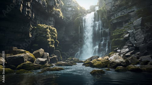 A tranquil waterfall cascading down a rocky cliff face