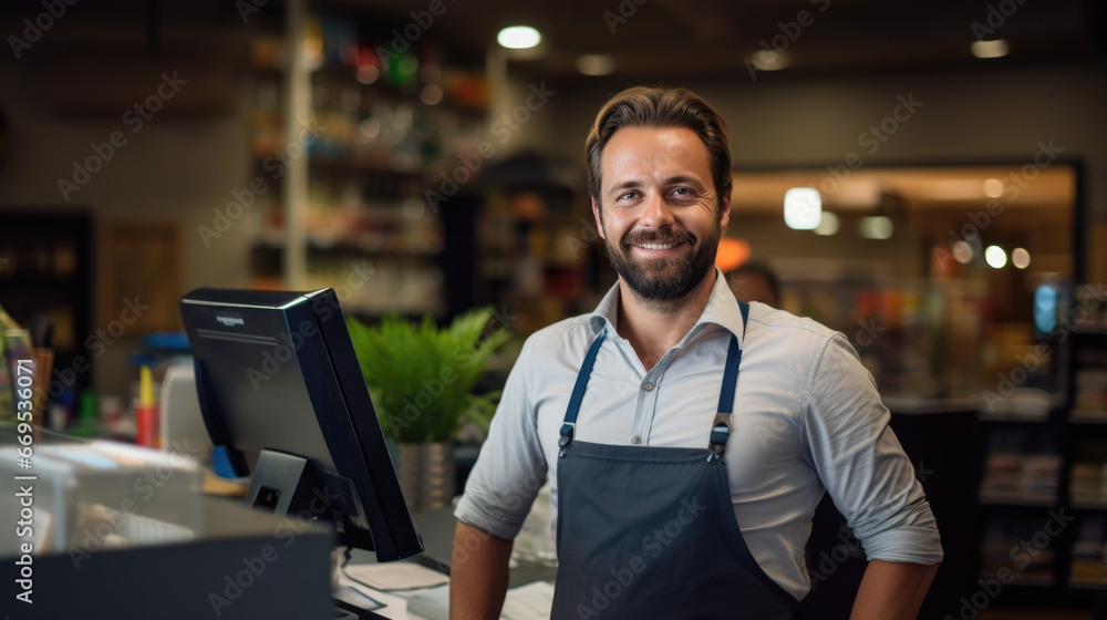 Smiling male cashier at checkout counter with digital tablet in store Smiling male cashier at checkout counter with digital tablet in store