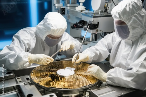 Workers in cleanroom suits handling semiconductor wafers. photo