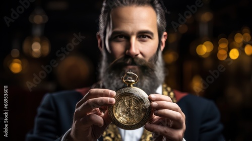 Man holding a pocket watch in his hands photo