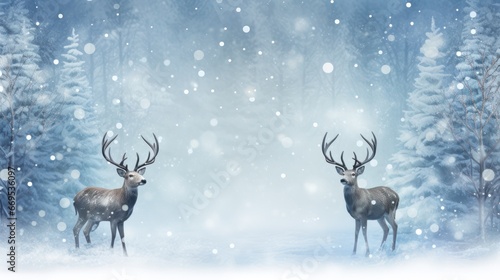 Deer in gouache style against a background of snow and forest