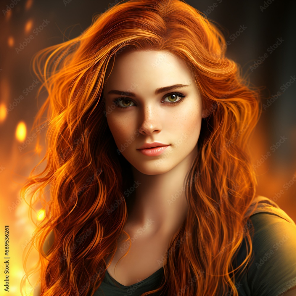Fototapeta premium Fiery-haired beauty against a backdrop of flames.