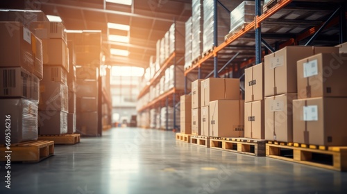 Retail warehouse full of shelves with goods in cartons, with pallets and forklifts. Logistics and transportation blurred background. Product distribution © Terablete
