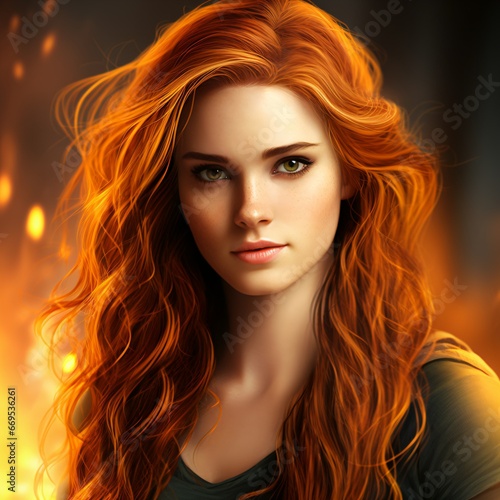 Fiery-haired beauty against a backdrop of flames. © paranoic_fb