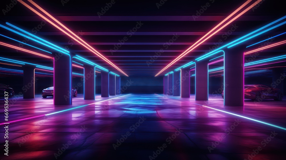 underground parking in neon light - obrazy, fototapety, plakaty 