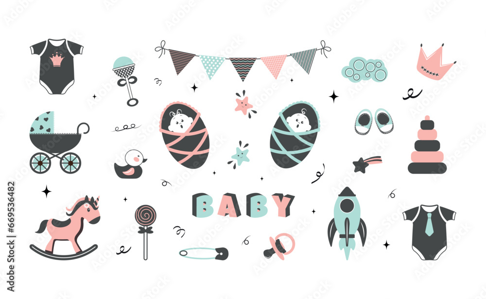A set of icons for newborn boys and girls on a white background. A set of elements for your design. Vector illustration.