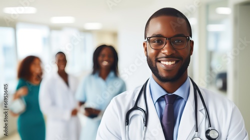 African American doctor against the backdrop of colleagues