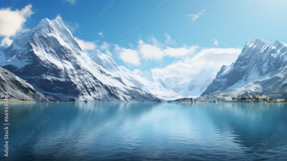 A tranquil mountain lake nestled between two snow-capped peaks, reflecting the azure sky above The water is still and serene