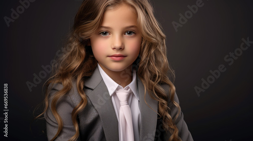 Little girl dressed as a businessman stands against a black background.