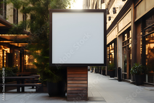 Blank minimal square shop signboard mockup for design. Street hanging sign board for logo presentation.