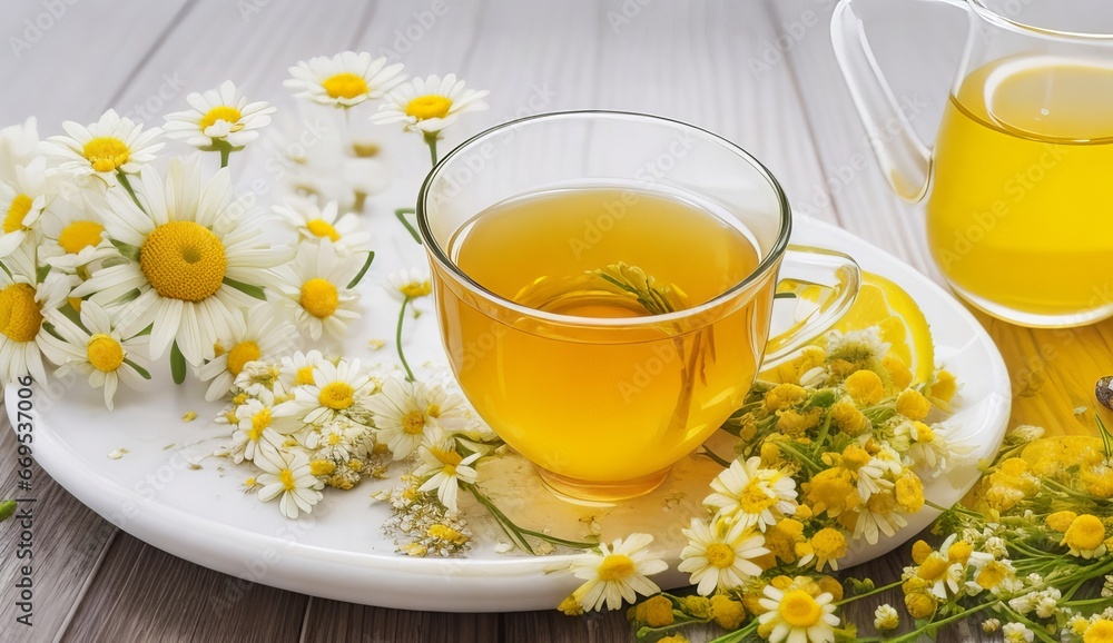 Chamomile herbal tea with flower buds, honey and lemon on a white wooden table and a bouquet of chamomile. Useful herbal, soothing drinks and natural healer concept. Immunity tea. genrative ai Chamomile herbal tea with flower buds, honey and lemon on a white wooden table and a bouquet of chamomile. Useful herbal, soothing drinks and natural healer concept. Immunity tea. genrative ai