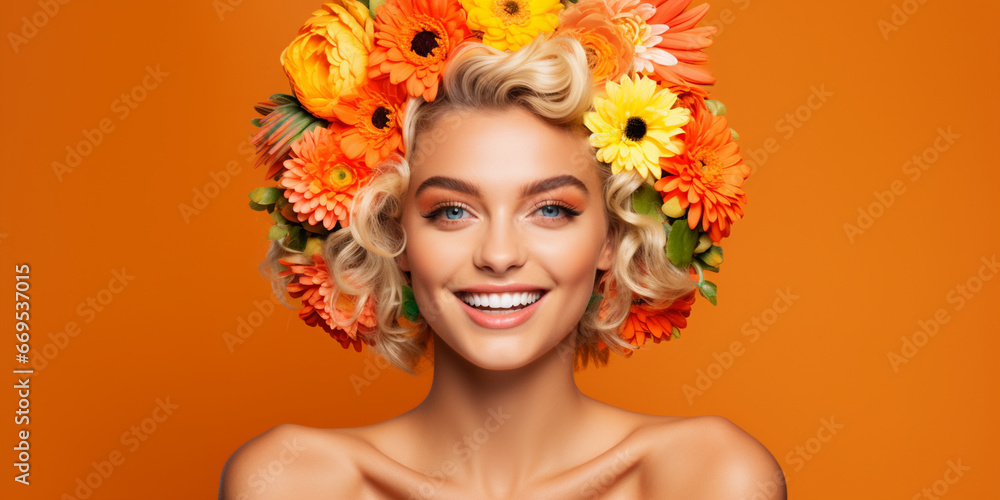 Creative cute girl with a smile, beautiful flowers in her hair, orange background with space for text