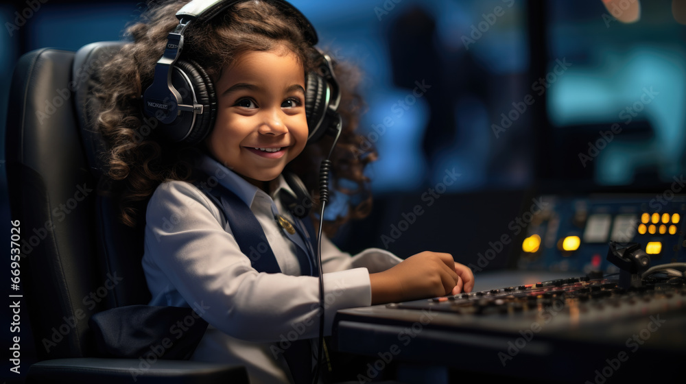 Little girl posing as a dispatcher. The concept of children in adult professions. Little girl posing as a dispatcher. The concept of children in adult professions.