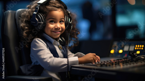 Little girl posing as a dispatcher. The concept of children in adult professions. photo