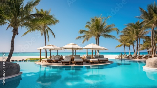 beautiful views of the resort with blue clear sky, swimming pool and palm trees