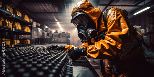 Specialist chemist in protective clothing, inspecting the site of toxic spillage at an industrial plant