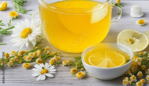 Chamomile herbal tea with flower buds  honey and lemon on a white wooden table and a bouquet of chamomile. Useful herbal  soothing drinks and natural healer concept. Immunity tea. genrative ai