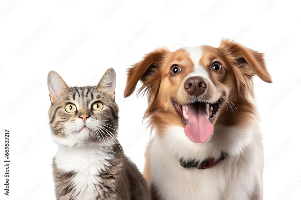 Portrait of a golden retriever dog and a cat looking at the camera photo studio isolated on white Portrait of a golden retriever dog and a cat looking at the camera photo studio isolated on white