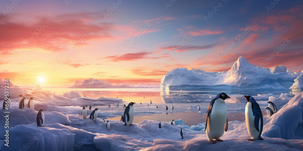 a flock of penguins in snowy Antarctica in the setting sun - obrazy, fototapety, plakaty 
