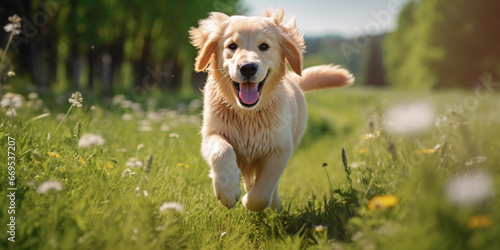 a happy dog running across a green lawn smiling and wagging his tail.