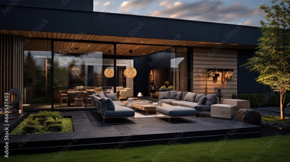modern dark villa with open plan living and private chair wing with small terrace for relaxation