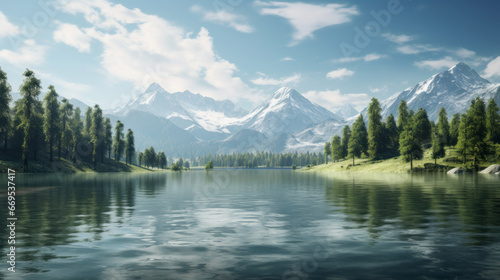 A tranquil mountain lake nestled between two snow-capped peaks, reflecting the azure sky above The water is still and serene