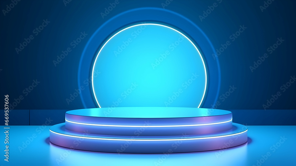 An elegant blue neon podium, emanating a serene glow, perfect for product showcases and feature presentations An elegant blue neon podium, emanating a serene glow, perfect for product showcases and feature presentations