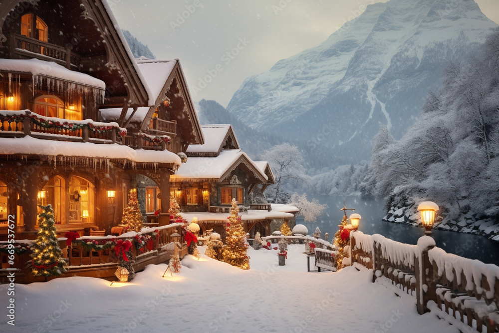 Luxury winter hotel or resort, concept of travel and tourism, snow and freezing cold Luxury winter hotel or resort, concept of travel and tourism, snow and freezing cold