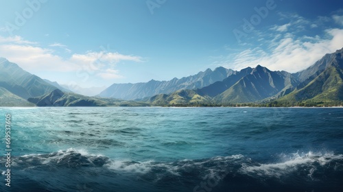 The sea against the backdrop of huge mountains in the distance