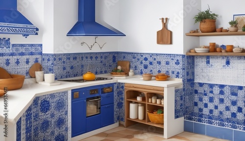Cocina con azulejos azules y arquitectura tradicional catalana, Cocina moderna y artesanal, creada con IA generativai © dua
