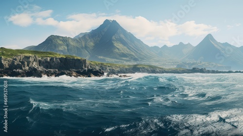 The sea against the backdrop of huge mountains in the distance