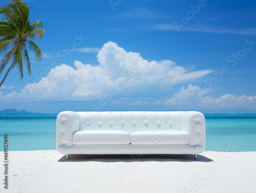 A white leather sofa is placed on the beach sand in a tropical climate. The weather is clear with a blue sky.