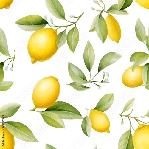 Seamless pattern of fresh and ripe yellow lemons and green leaves on white background, watercolor style © mashimara