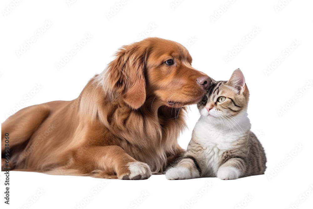 golden retriever puppy and a tabby cat isolated on white