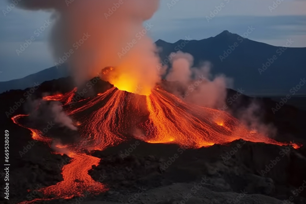 Landscape image of erupting volcano with red hot lava stream, smoke and ashes