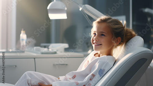 Little girl at a children's dentistry for healthy teeth and beautiful smile in a clinic bed, dental care