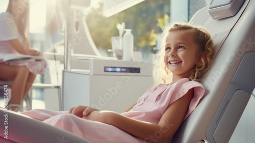 Little girl at a children s dentistry for healthy teeth and beautiful smile in a clinic bed  dental care