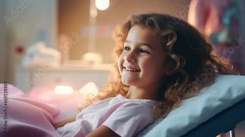 Little girl at a children's dentistry for healthy teeth and beautiful smile in a clinic bed, dental care photo