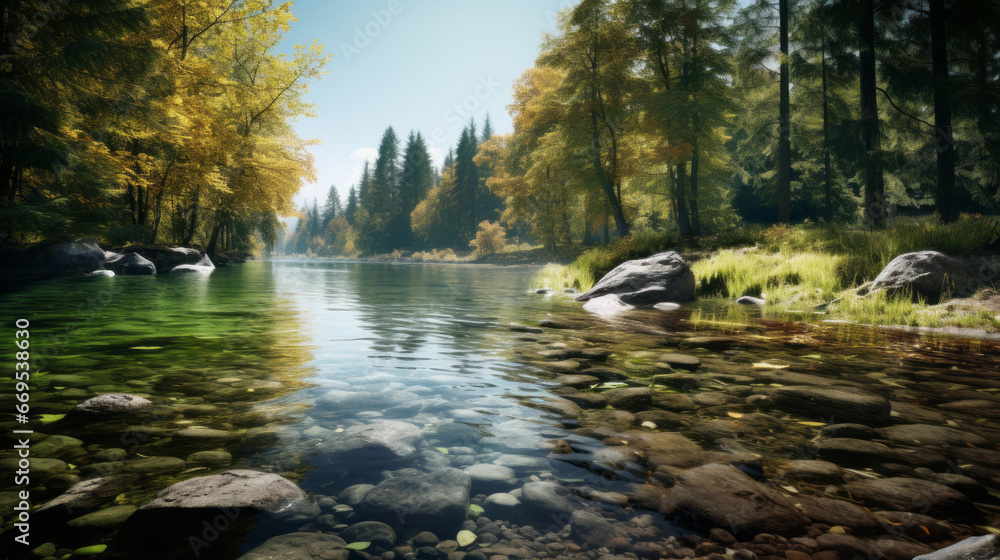 Obraz premium A tranquil lake surrounded by tall evergreen trees and a mountain range in the background