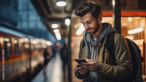 Smiling handsome man looking at his mobile smart phone at a train or metro station