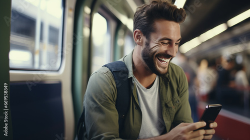 Smiling handsome man looking at his mobile smart phone at a train or metro station photo